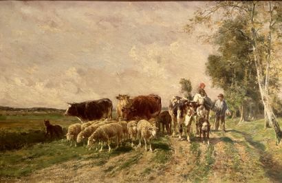 null Clément QUINTON (1851-1920)
Les gardiens de troupeau
Huile sur toile signée...