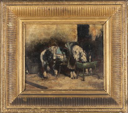 null Attribué à Theodore FORT (1810 - 1896)
Deux chevaux à l'écurie
Panneau
18,5...