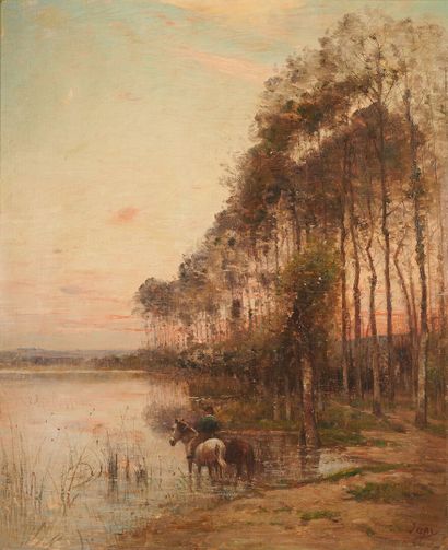 null Louis Aimé JAPY (1840-1916)
Cavalier en bord d'étang au crépuscule
Toile marouflée...
