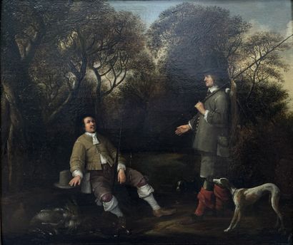 null Jan SIBERECHTS (Anvers 1627 - Londres vers 1703) 
Deux chasseurs dans un paysage
Panneau,...