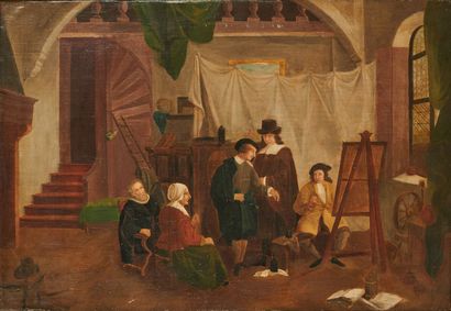 null Ecole Hollandaise dans le goût du XVIIème siècle
Vue d'atelier de peintre
Huile...