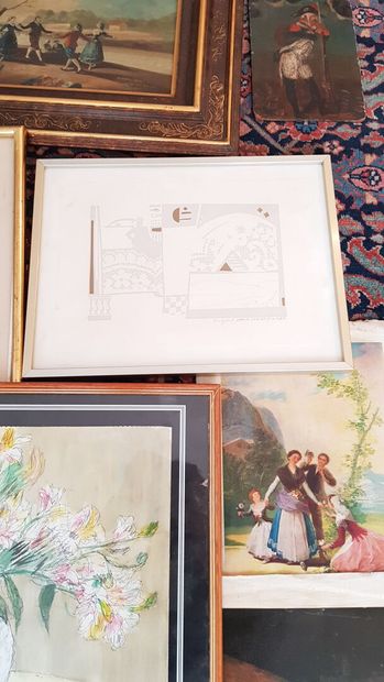 null Lot of various framed pieces: 
Prints watercolors reproductions of which portrait...