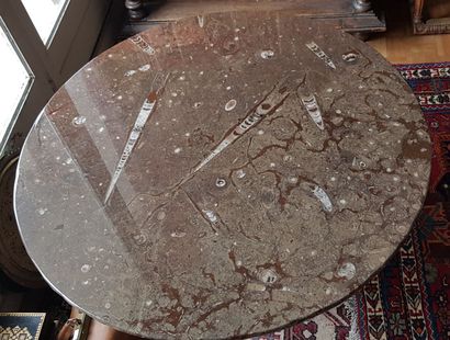 null Table basse, le plateau circulaire en pierre à incrustation de fossiles, piétement...