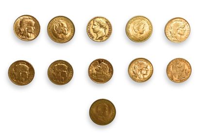 null Lot de 11 pièces Or comprenant :
3 pièces de 10 Gulden Or Pays-Bas : 2 de 1913,...