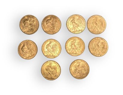 null 10 pièces de 20 frs Or Marianne : 1904, 1907, 1910, 4 de 1911, 3 de 1912