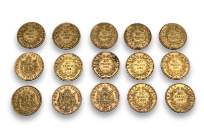 null Lot de 15 pièces comprenant :
3 pièces de 20 Frs Or Cérès : 1850 A, 2 de 1851...