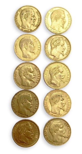 null 7 pièces de 20 Frs Or Napoléon III : 1852 A, 1855 A, 2 de 1856 A, 1857 A, 2...