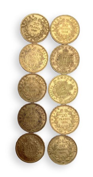 null 7 pièces de 20 Frs Or Napoléon III : 1852 A, 1855 A, 2 de 1856 A, 1857 A, 2...