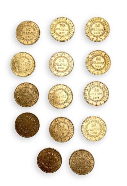 null 14 pièces de 20 Frs Or (Génie de la République) : 1848 A, 1849 A, 3 de 1875...