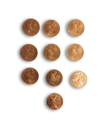null 10 pièces de 20 frs Or Marianne :
1906, 4 de 1908, 1909, 1910, 2 de 1912, 1...