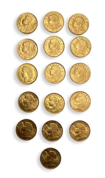 null 15 pièces de 20 Frs Suisse Or "Vreneli" : 1922B, 2 de 1927 B, 2 de 1930 B, 6...