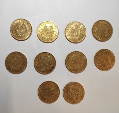 null 10 pièces de 20 Frs Or (Napoléon III) : 1852 A, 2 de 1854 A, 1857 A, 2 de 1860...