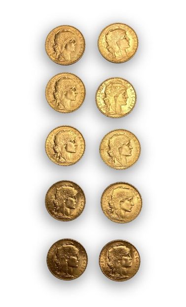 null 10 pièces de 20 Frs Or Marianne : 3 de 1908, 1909, 4 de 1911, 1912, 1913