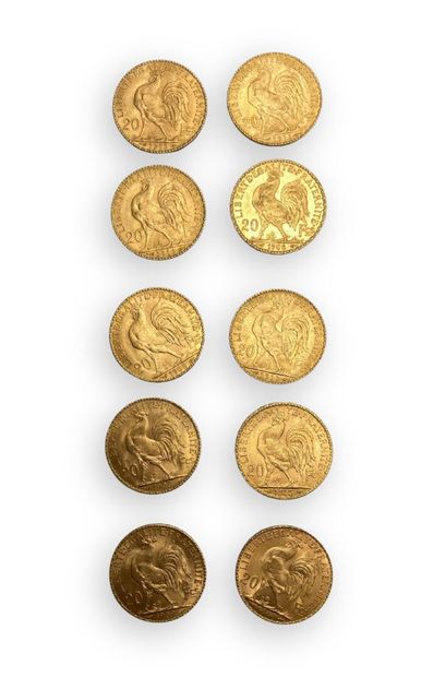 null 10 pièces de 20 Frs Or Marianne : 3 de 1908, 1909, 4 de 1911, 1912, 1913