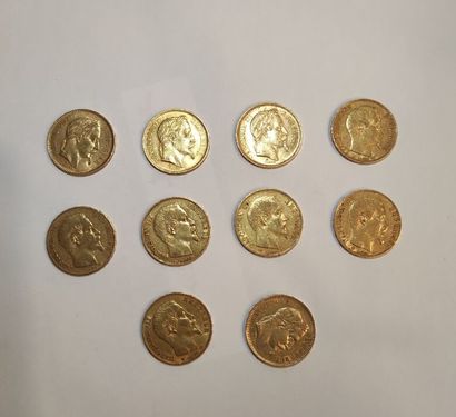 null 10 pièces de 20 Frs Or (Napoléon III) : 1852 A, 2 de 1854 A, 1857 A, 2 de 1860...