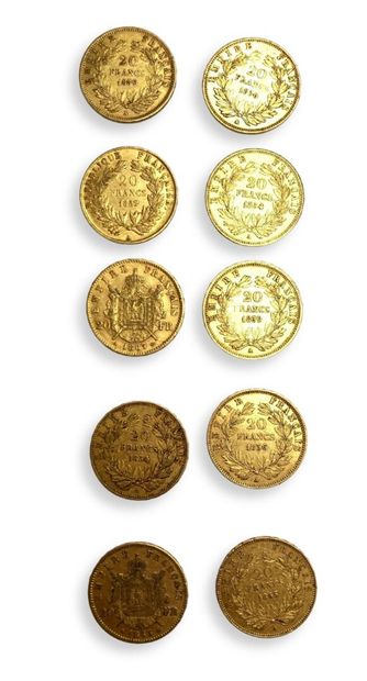 null 10 pièces de 20 Frs Or comprenant :
Napoléon III : 1852 A, 2 de 1854 A, 1855...