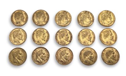 null Lot de 15 pièces comprenant :
3 pièces de 20 Frs Or Cérès : 1850 A, 2 de 1851...