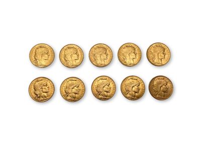null 10 pièces de 20 francs Or Marianne : 3 de 1908, 1910, 2 de 1911, 4 de 1912