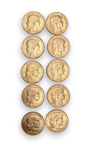 null 10 pièces de 20 frs Or Marianne : 1905, 1906, 1907, 3 de 1908, 1911, 2 de 1912,...