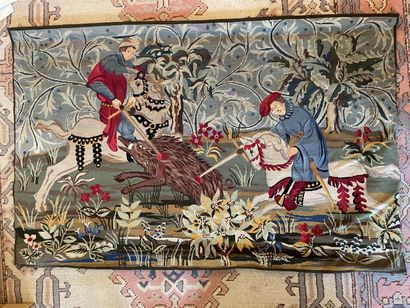 null Troubadour-style gros point tapestry depicting a boar hunt 
20th century
Dim....