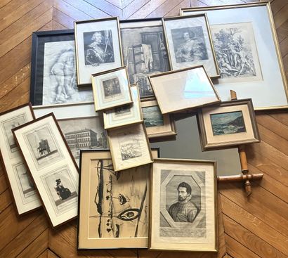 Important lot of framed pieces, engravings,...