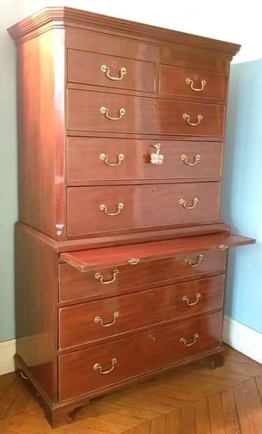 null Mahogany and mahogany veneer double cabinet opening to 8 drawers and a shelf,...