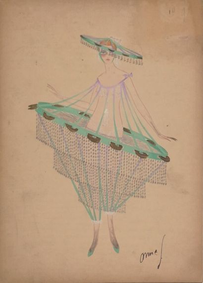  Projet de costume de danseuse lustre, début XXème 
Gouache sur carton, signé en... Gazette Drouot