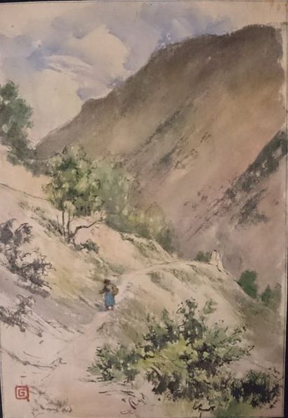null École de la fin du XIXème siècle 

Paysage de montagne et femme marchant 

Encre...