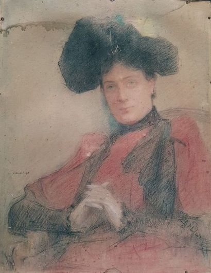 null DUVENT Charles (1867-1940) 

Portrait de femme au chapeau et vêtue de rouge

Fusain...