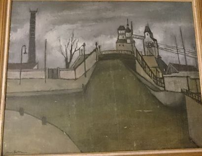null Marek HALTER (1936) 

Vue d un pont en ville avec cours d eau 

Huile sur panneau...