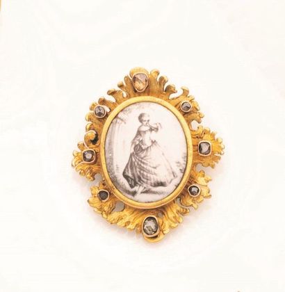 null BROCHE en or jaune 18K 750‰, de forme ovale, sertie d'un émail sur cuivre représentant...