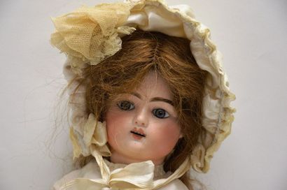 null Girl doll, pressed porcelain head, enamel eyes, open mouth, old clothes, 54...