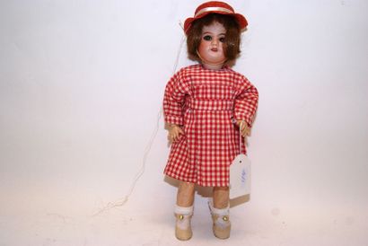 null SFBJ 60 8/0 "BLUE" doll, short wig, sleeping eyes, red and white checkered apron,...