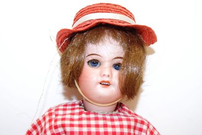 null SFBJ 60 8/0 "BLUE" doll, short wig, sleeping eyes, red and white checkered apron,...