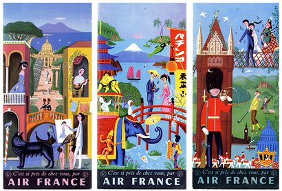 null Raymond Peynet pour Air France. Illustration originale polychrome représentant...