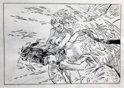 null Lamy. Dessin illustrant une scène de combat entre 2 femmes nues ou l'une passe...