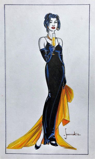 null Juszezak. Dessin original illustrant une dame en robe de soirée, coupe à la...