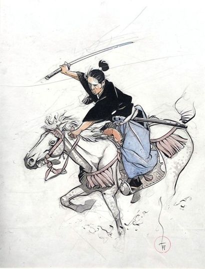 null Michetz/Kogaratsu. Dessin original illustrant Kogaratsu à cheval au galop, épée...