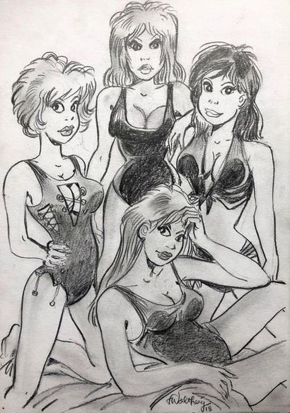 null Walthéry. Dessin original illustrant Natasha et 3 jolies filles en maillot de...