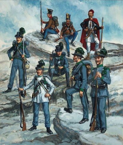 null Funcken/Le costume et les armes. Dessin original illustrant des soldats Autrichiens...