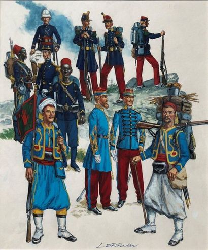 null Funcken/Le costume et les armes. Dessin original illustrant l'infanterie française...