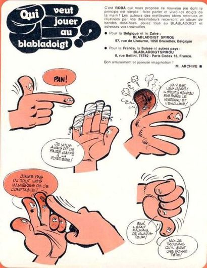 null Jean Roba. Dessin original illustrant une main dont les doigts sont des personnages,...