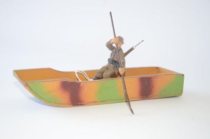 null ELASTOLIN Belgian group: wooden landing craft in camouflage color and Belgian...
