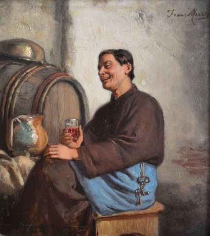 null Oil on wood, Franz Meerts (1836-1896), "Drinking Monk", signed upper right,...