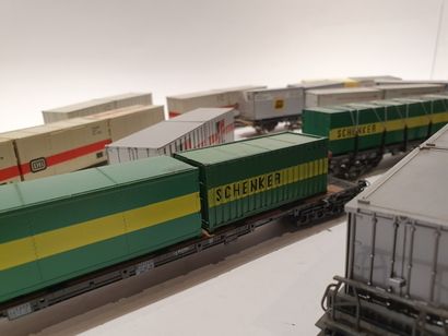 null (15) wagons porte-containers, dont 6x Marklin & Roco, Rowa, Fleischmann (G)
