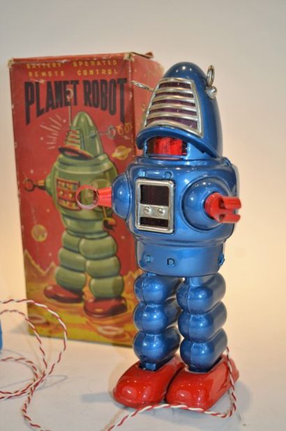null JAPAN KO Planet robot, battery operated, remote control, tôle bleu, bon état,...