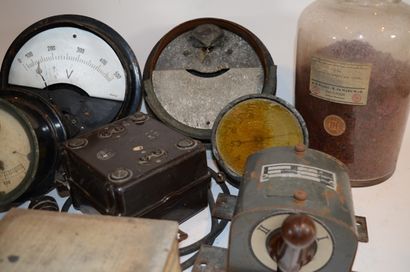 null Set of dials, transformers, old measuring devices.