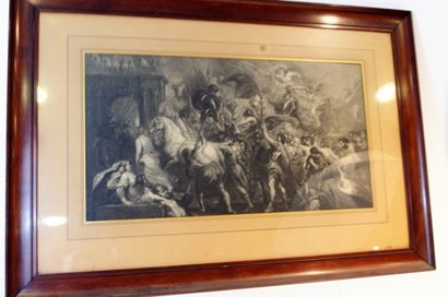 null Engraving etching, triumph scene in antique style. Size: 59 x 32 cm. Wooden...