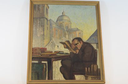 null 
CLAES Joseph (1874-1956): Oil on plywood. "the reader". Sent on the back of...