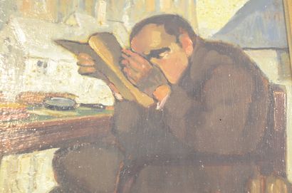 null 
CLAES Joseph (1874-1956): Oil on plywood. "the reader". Sent on the back of...